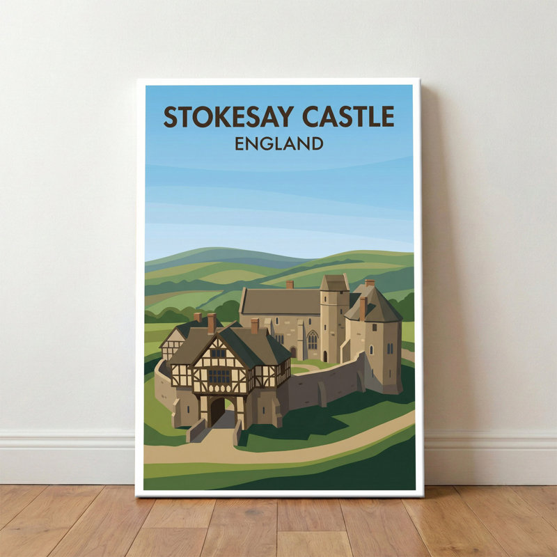 Stokesay Castle, England - Romantic Travel Poster of Medieval Manor and Rolling Shropshire Hills. Giclee Print on Wrapped Canvas. Wall Art, Home Decor - Castles & Palaces, England 1 Piece Wrapped Canvas Wall Art