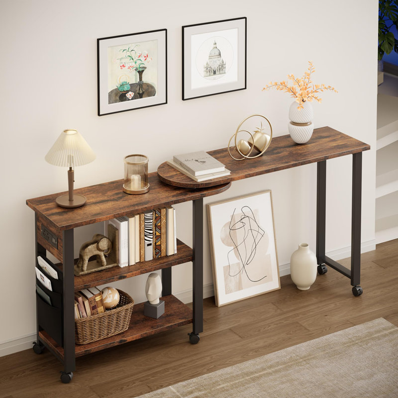 Table d'appoint rotative à 360 ° avec station de charge et sac de rangement, table de bout mobile avec 6 roulettes verrouillables pour le salon et la chambre à coucher