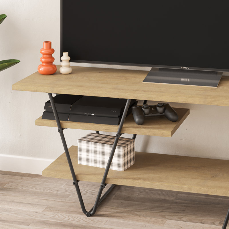 Essel Modern TV Stand with Open Storage Shelf and Black Metal Legs, Oak
