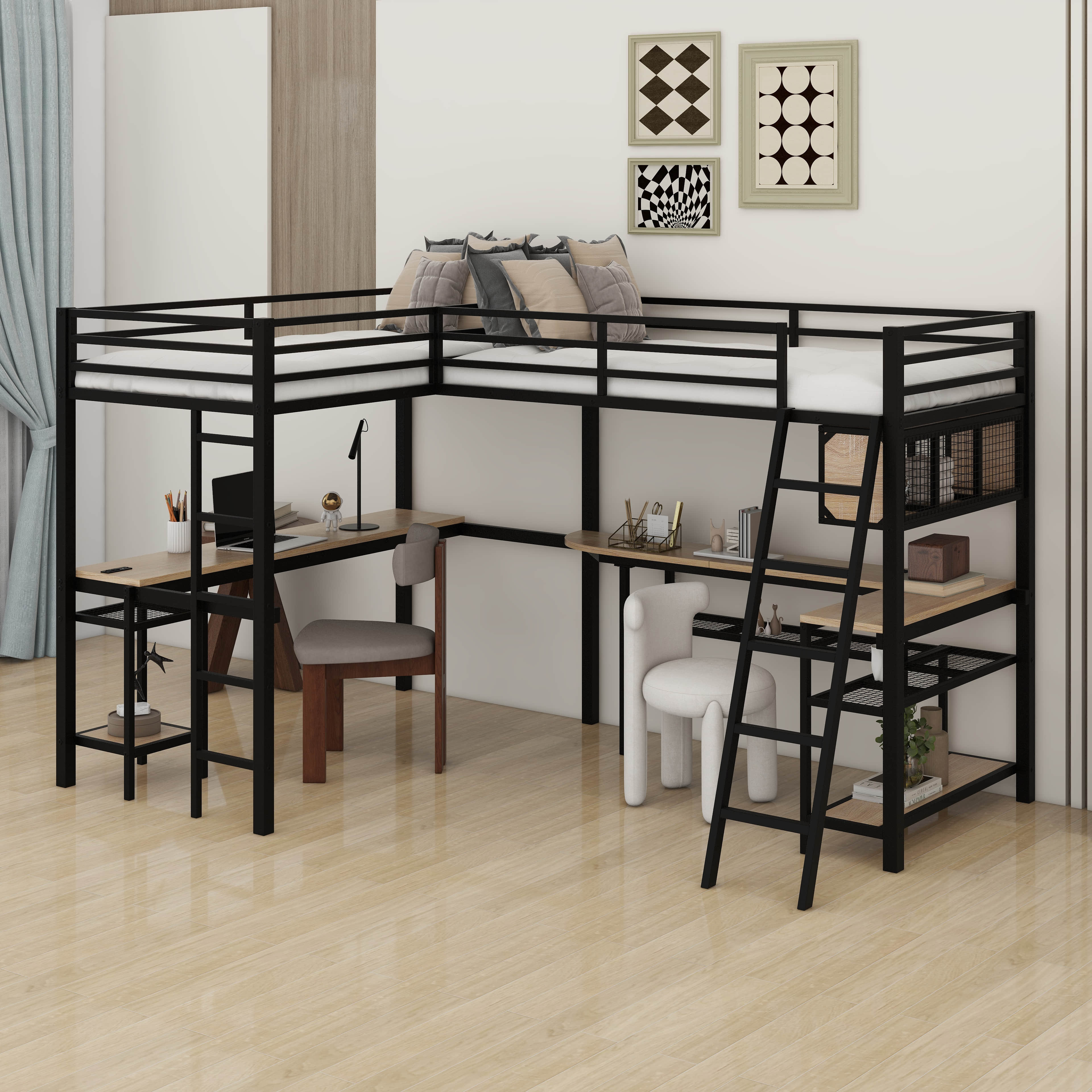 Ivy Bronx Twin Size Double Loft Bed With BuiltIn Desks And LED, Metal — free download