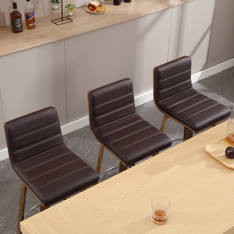 Brown PU Leather Swivel Bar Stools with Walnut Legs, Set of 3