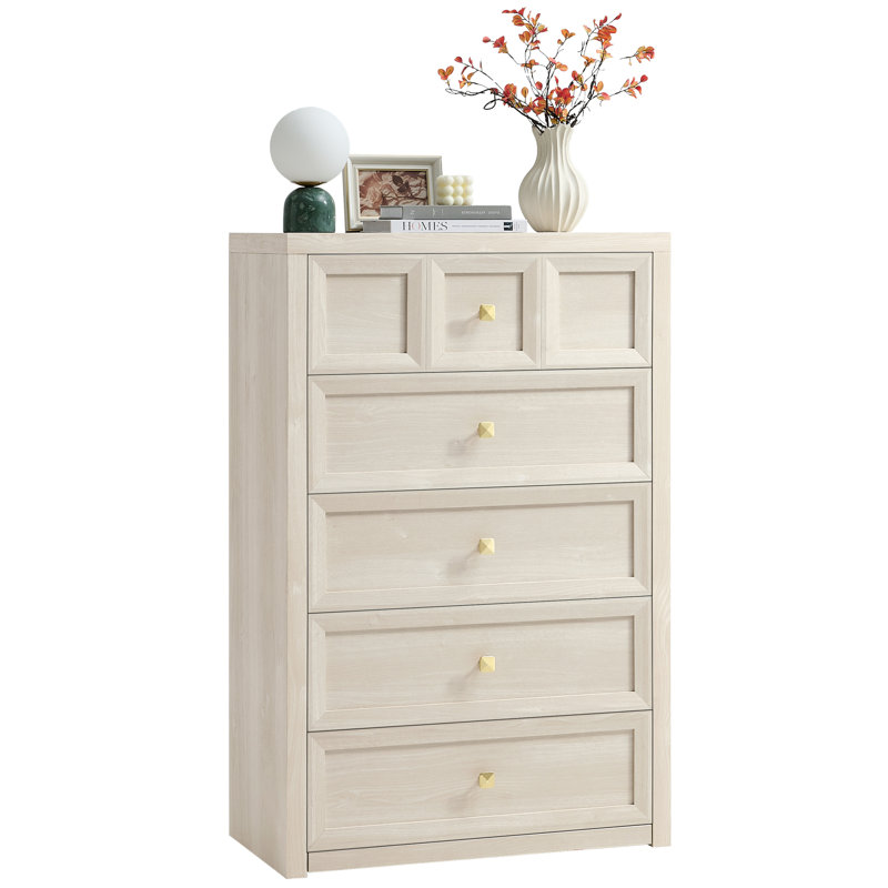Commode 5 tiroirs blanche, commode haute 45 po en bois, organisateur de commode, Beige