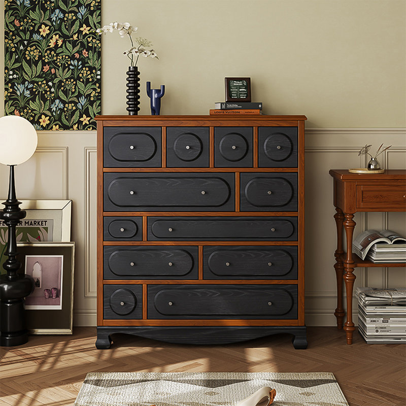 Simple Retro Brown Solid Wood Twelve-Drawer Chest, Brown/Black