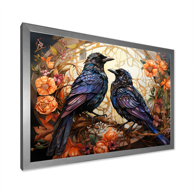 Corbeau enchanté monarques sur toile, H 34 po x l 44 po x P 1,5 po, Cadre simple argenté