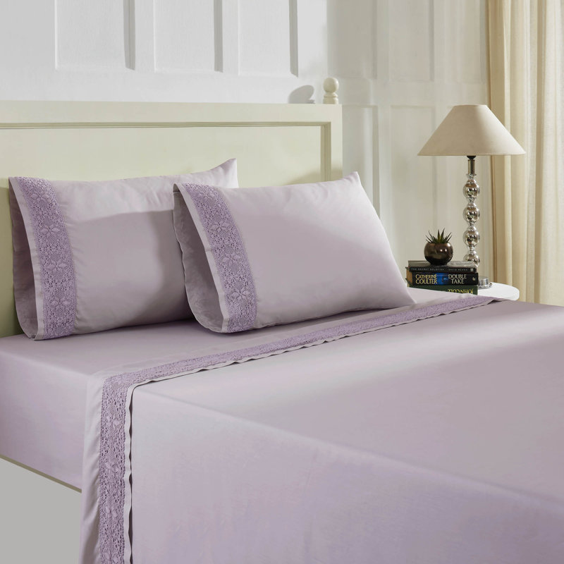  Ensemble de draps en mélange de coton Rich Lace Hem, Drap pour très grand lit + drap-housse + 2 taies, Argenté rosé