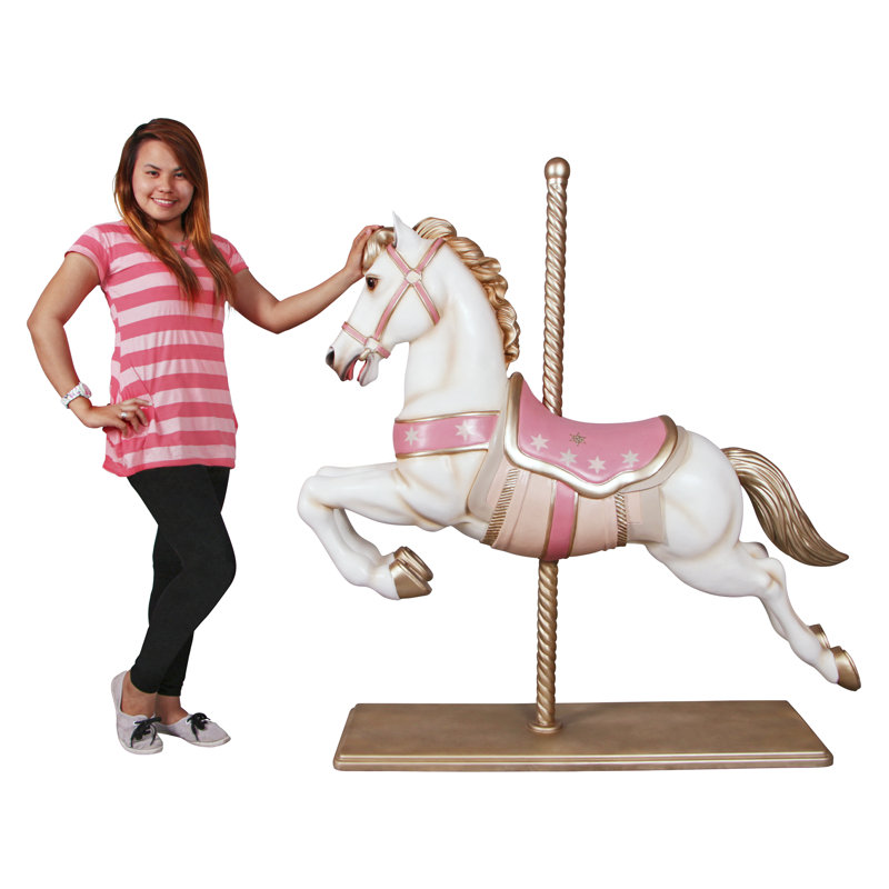 Full-Size White and Pink Resin Carousel Horse Statue