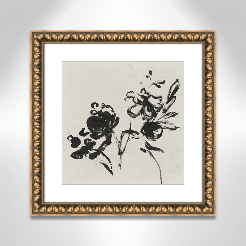 «Frony Black Florals I» par Isabelle Z - peinture encadrée, H 18,25 po x l 18,25 po, Perlé dorée