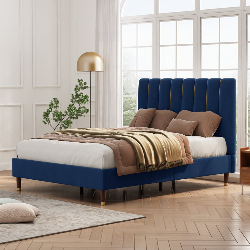 Lit plateforme tapissier Carmesa, Double, Bleu marine