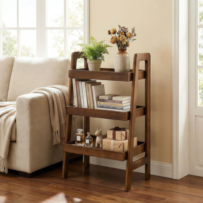100% Solid Wood Ladder Shelf, 3 Tier Small Ladder Bookshelf, Freestanding Ladder Shelf With Open Storage,Side Table For Living Room, Bedroom, Study, Home Office, Saving Space, Walnut