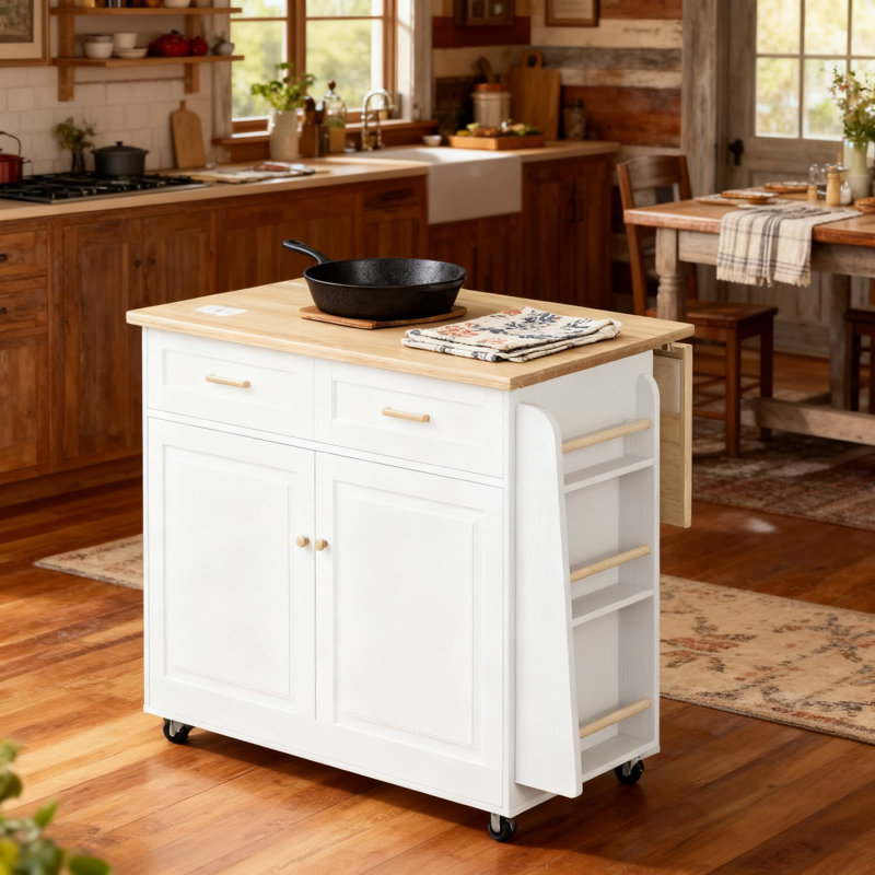 Chariot d'îlot de cuisine mobile avec prise de courant, rallonge à abattant, rangement réglable et roues verrouillables - Armoire roulante polyvalente pour l'organisation de la cuisine