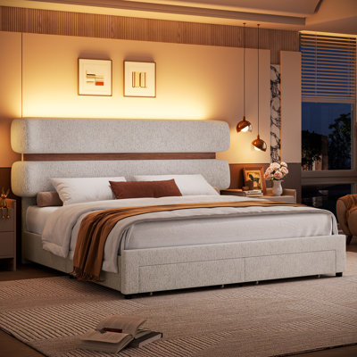 Smart LED Upholstered Bed with Wall Wash Lighting, Chenille Fabric, and Storage Drawers, Full
