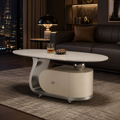 Caston 39.4" Modern Oval Sintered Stone Coffee Table with Storage Drawer, Stainless Steel Base & 4 Lockable Casters
