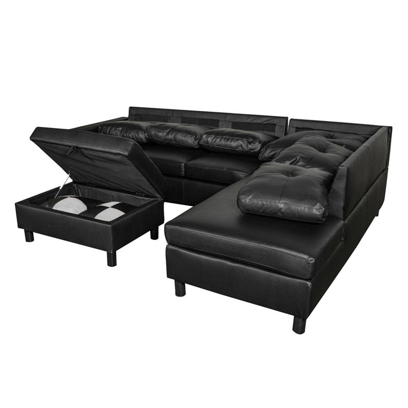 Ensemble de canapé modulaire, repose-pieds en similicuir avec rangement gratuit, Similicuir noir