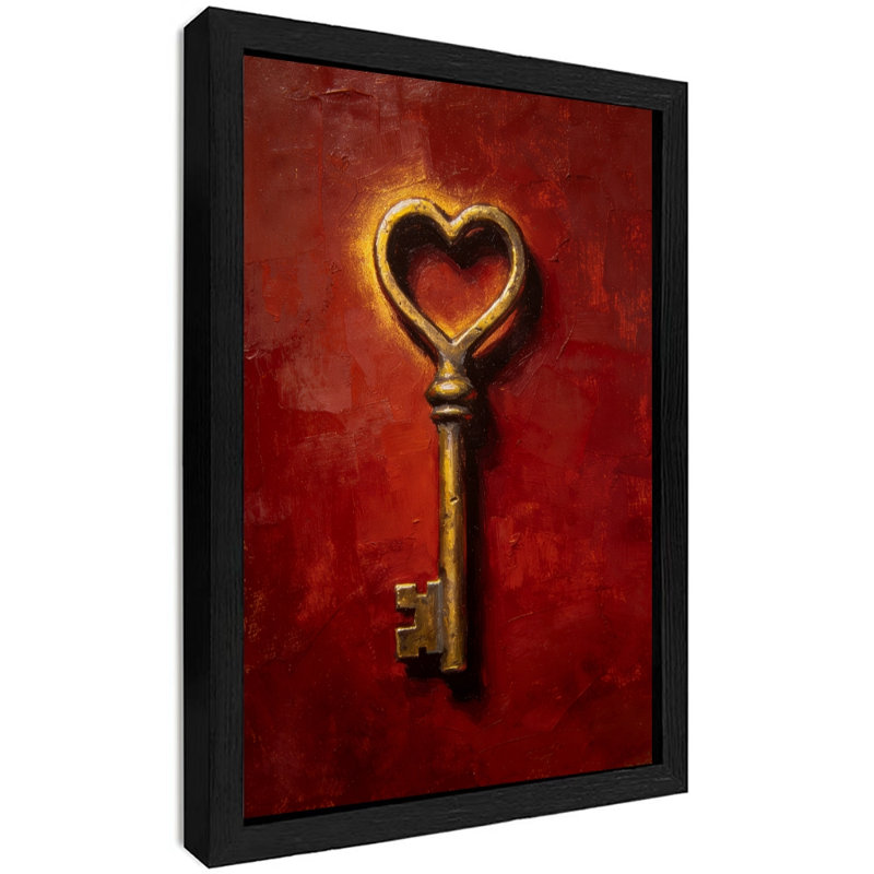 Reproduction d'art encadrée noire sur fond rouge avec clé cœur rouge, H 17 po x l 13 po