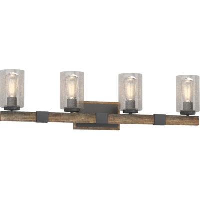 4-Light Indoor Black Walnut Bath or Vanity Light Bar or Wall Mount with Clear Seedy Bubble Glass Cylinder Shades