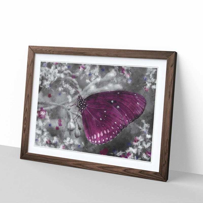 Butterfly Upon A Flower Painting - Single Picture Frame Print on MDF, 45cm H x 33cm W x 2cm D, Walnut