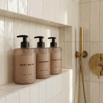 Stylish Shampoo,Conditioner Dispenser,Modern Shower Soap Bottles with Labels,Easy to Refill Body Wash Dispensers for an Instant Bathroom Decor Upgrade(Brown)