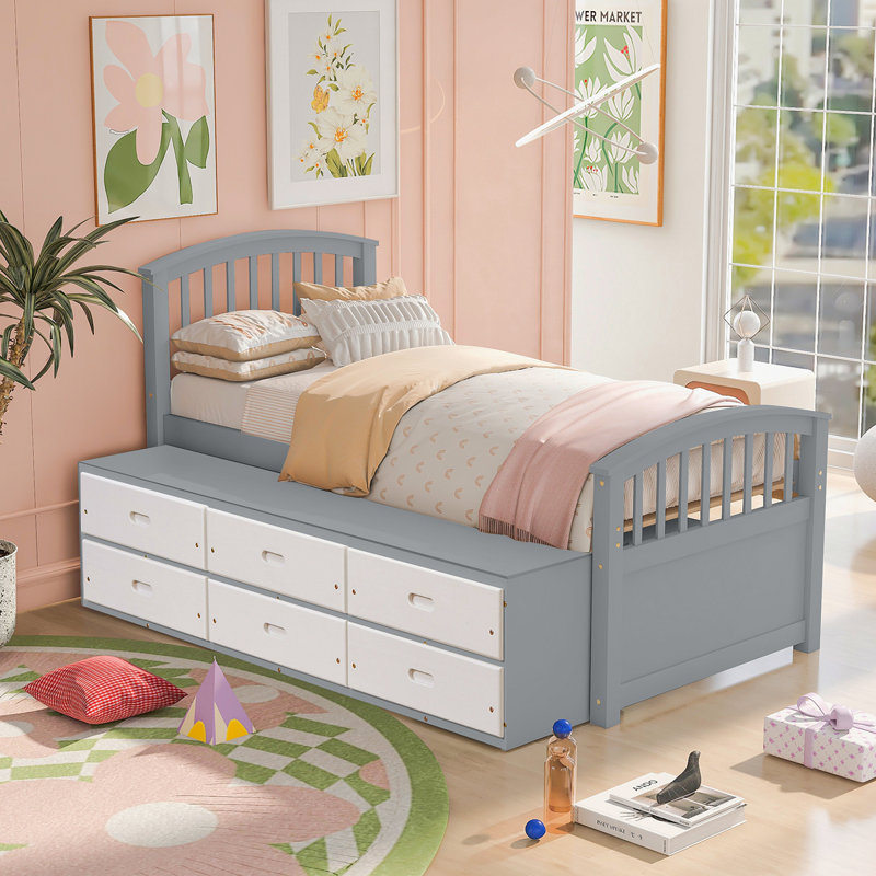 Twin Size Platform Storage Bed Solid Wood Bed With 6 Drawers, Grey+ White