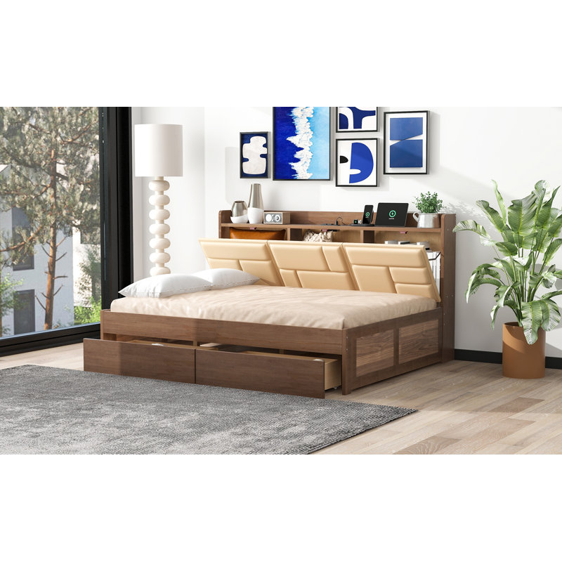  Lit de jour double en bois avec tablettes de rangement rembourrées, ports USB et compartiments ouverts fonctionnels, naturel