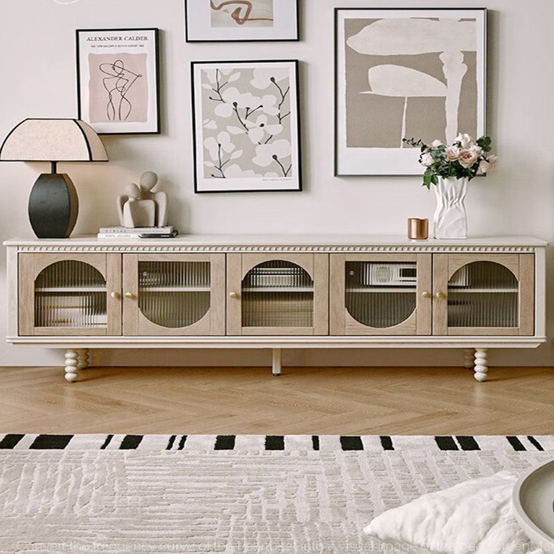 Cream style retro solid wood TV cabinet, 94.48"