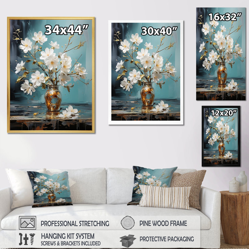Fleur de pommier monochromatique élégance XVIII - art mural floral salon, H 20 po x l 12 po x P 2 po, Cadre flottant doré
