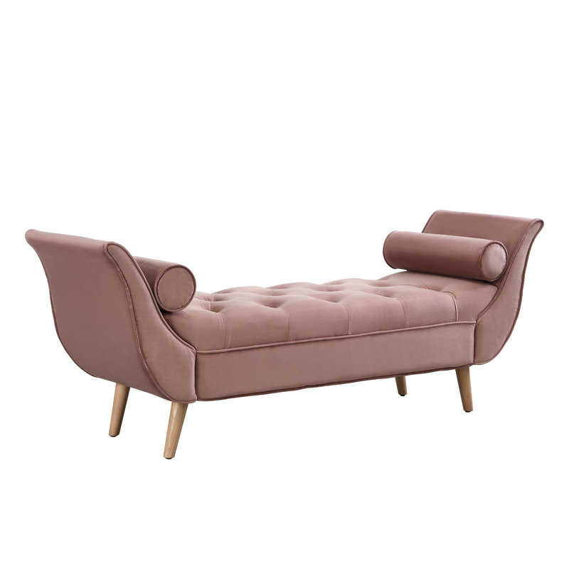 Banc rembourré en velours rose avec deux coussins assortis, siège capitonné en bout de lit, Pink, Natural Wood