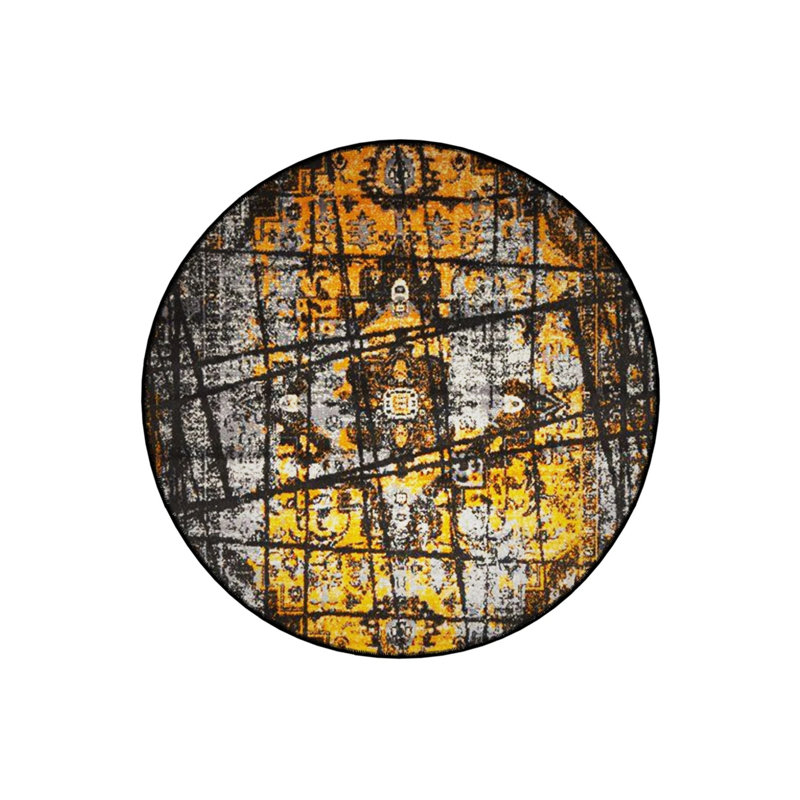 Yellow Beige Black Line Detailed Antique Pattern Woven Base Modern Decorative Carpet, Round 4'