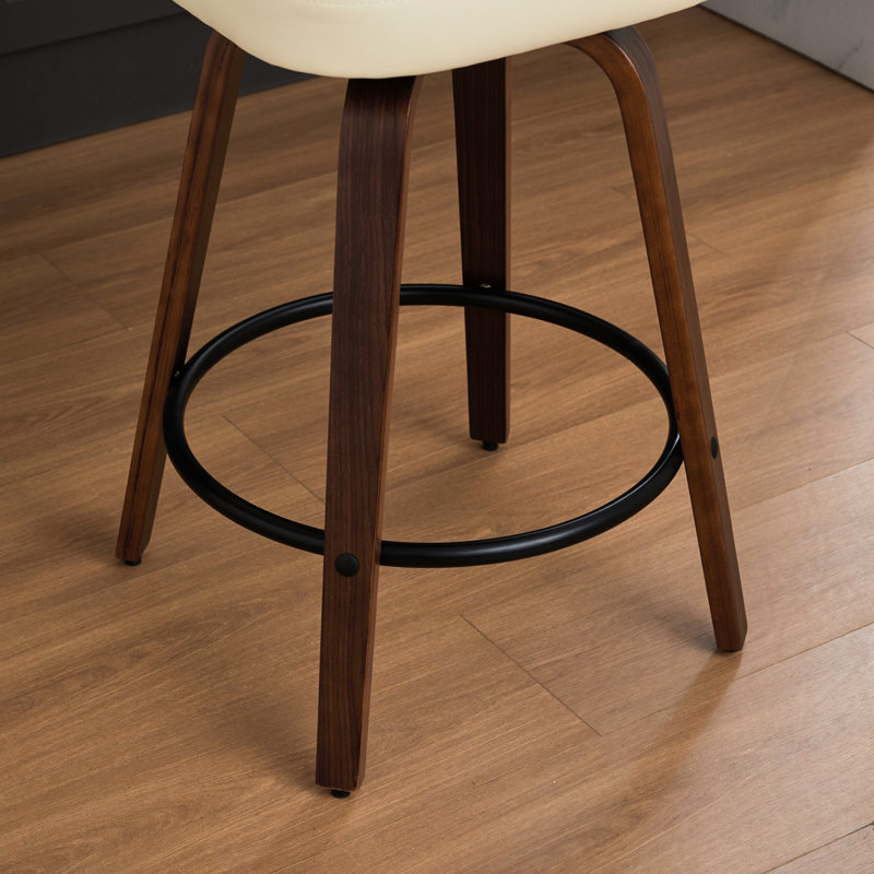 Tabouret de bar pivotant de style Mid-Century beige moderne de 26 po avec dossier et pieds en noyer