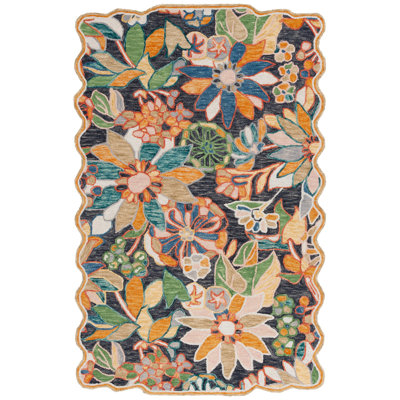 Tapis floral noir / vert en laine / coton touffeté à la main Botts 356