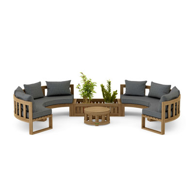 Ensemble de conversation modulaire circulaire en teck Sunbrella avec coussins 6 pièces