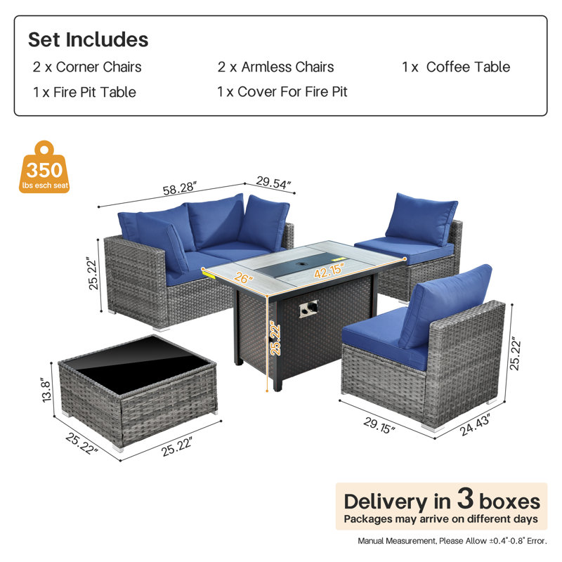 Wicker 4 - Person Outdoor Conversation Set With Fire Pit Table With Cushions, Navy