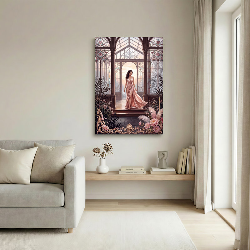 «Woman in Pink Gown entourée de fleurs et d'art sur toile en verre coloré», 30"H x 20"W