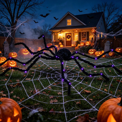 Halloween Giant Light-Up Spider Decor, 47" Black Hairy Fake Spider with Purple LED Lights & Adjustable Bendable Legs, Indoor Outdoor Lawn Porch Haunted House Scary Halloween Decoration