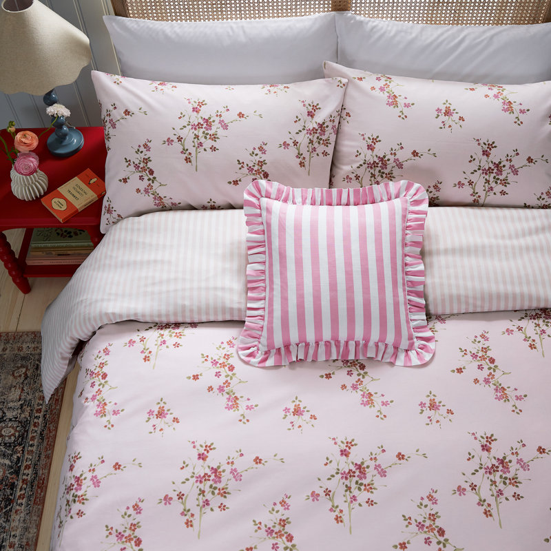Blossom Print Cotton Duvet Cover Set, King Duvet Cover + 2 Standard Pillowcases, Pink