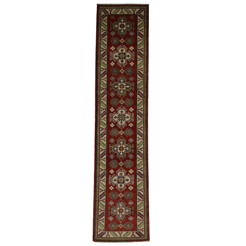 Tapis rouge / jaune / vert à motif oriental en laine / coton 2 pi 4 po x 10 pi 10 po Oriental