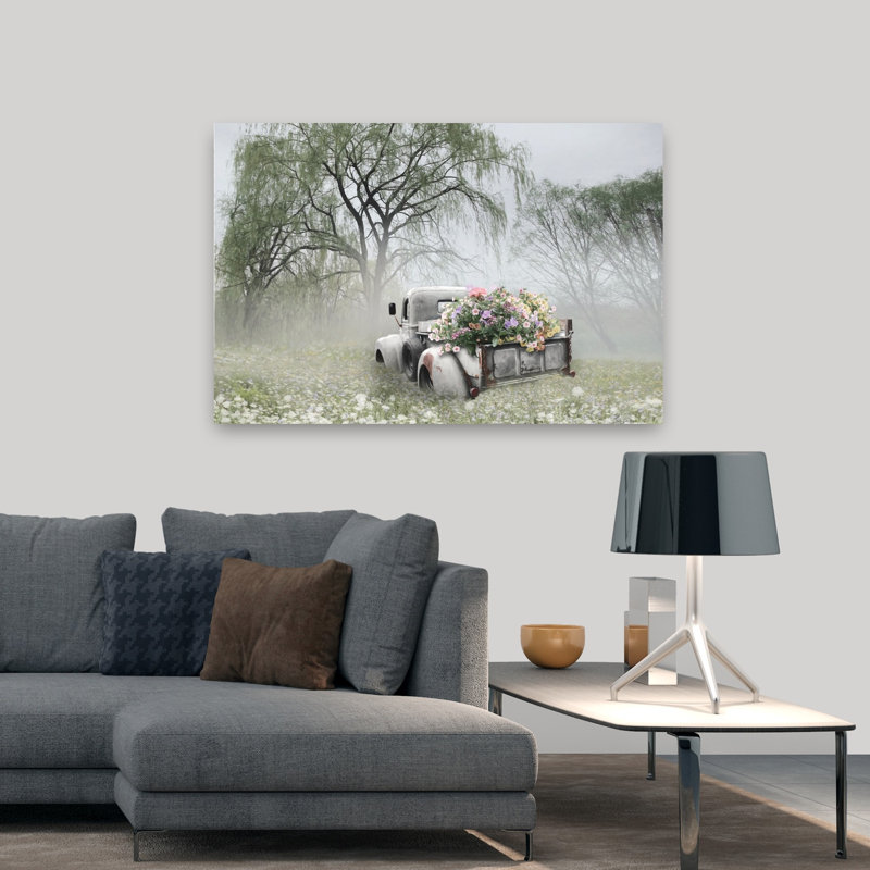 Art rétro contemporain de paysage de camion de fleurs rétro, H 32 po x l 48 po