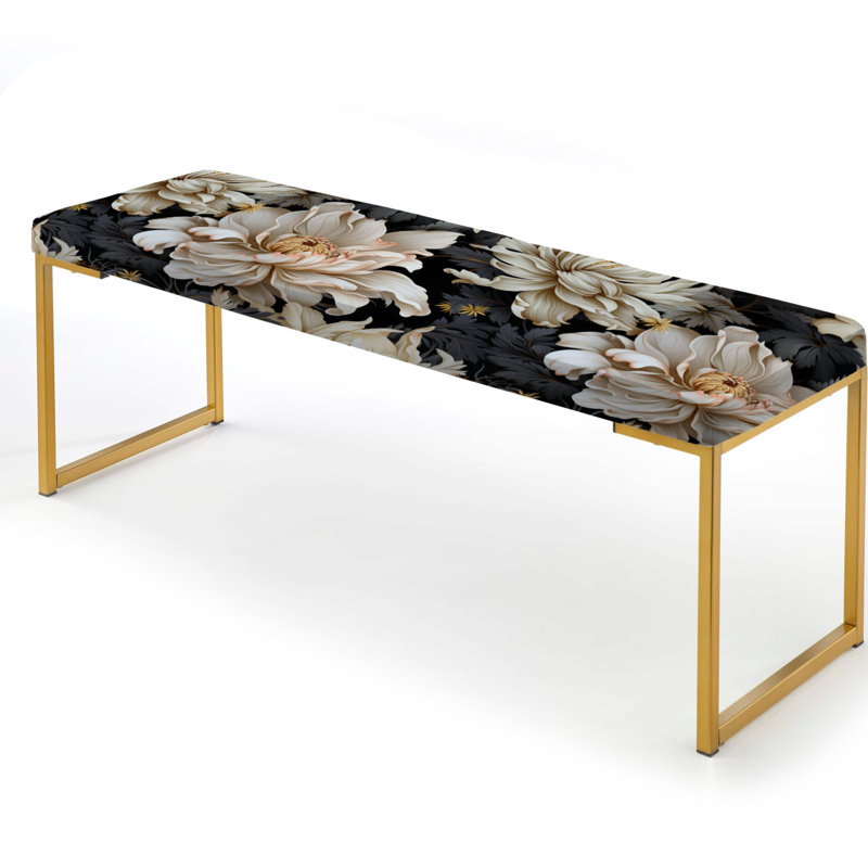 Floral Upholstered Gold Bench, Golden Beige And Black Flowers Elegance
