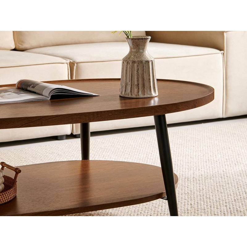 Table basse moderne pour le salon, table basse ovale en bois de style Mid-Century, table centrale double couche pour petit espace, l 23,6 x H 15, espresso