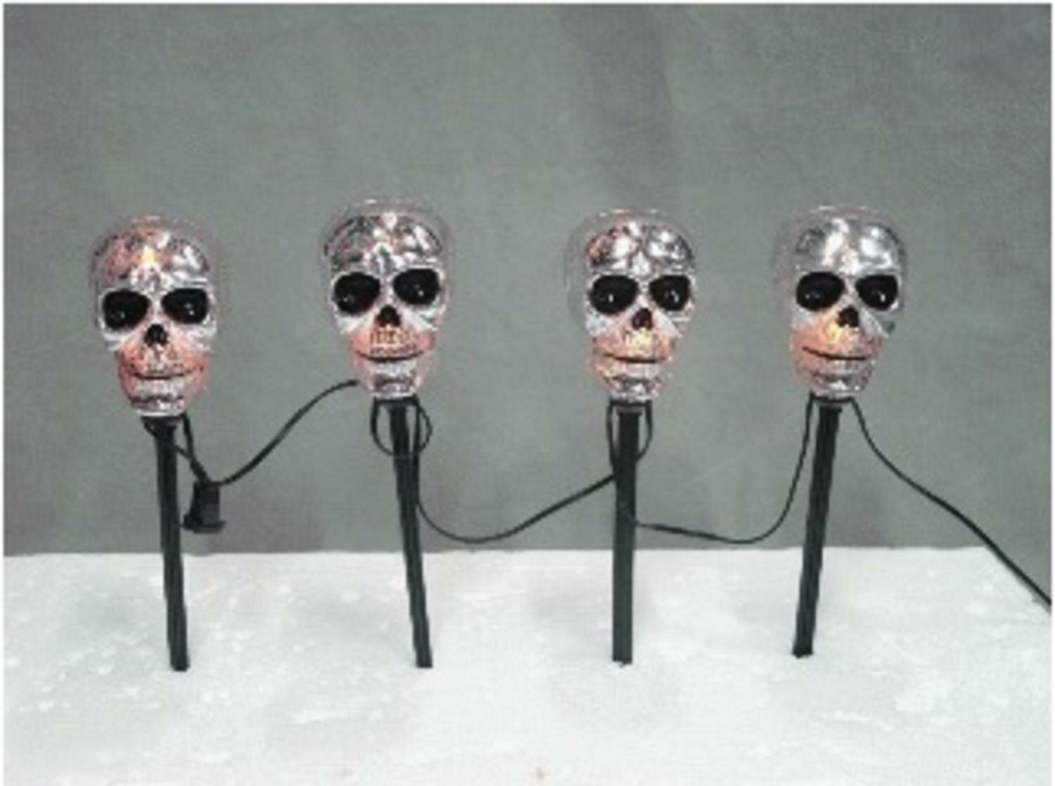 Northlight Set of 4 Silver and Black Skull Lighted Halloween Pathway ...