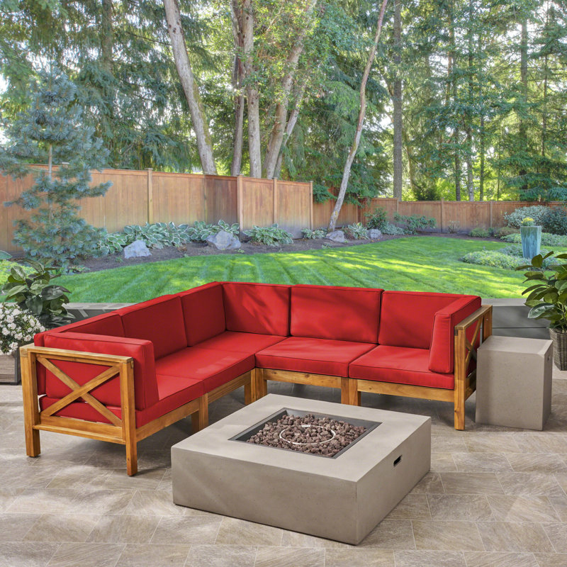 5 - Person Modular Patio Conversation Set with Cushions, Teak Frame / Red Cushion