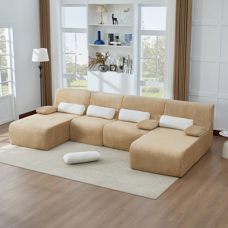 Canapé confortable en forme de U de 132,2 po, Velours côtelé café
