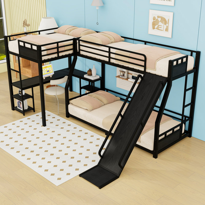 Metal L‑Shaped Bunk Bed With Loft Bed, Desk, Shelves, Slide and USB Charging Port, Twin XL Over Queen