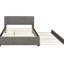 Grand lit tapissier gris avec tissu en lin, tête de lit à motif brique et lit simple TG, lit gigogne en bois stable, lit plateforme, cadre sans sommier