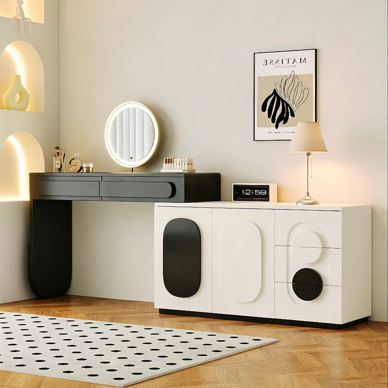 Commode de style crème minimaliste de 82,68 po avec coiffeuse et miroir de coiffeuse