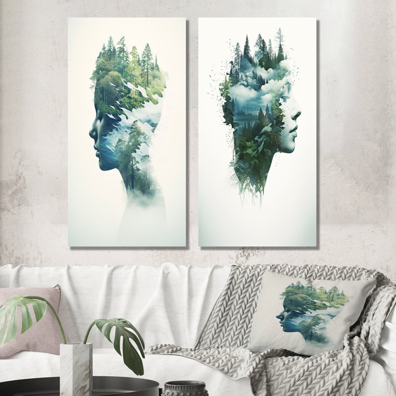 Mindfulness Calming Double Exposure Portrait - Ensemble de 2 reproductions de toiles abstraites, H 28 po x l 25 po