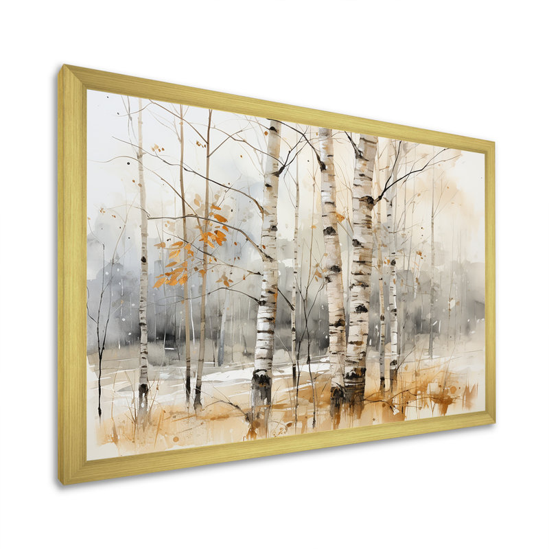 «Winter Birch Wood Forest I - Tree Birch», art mural, Cadre doré à coins fermés, H 24 po x l 32 po x P 1 po