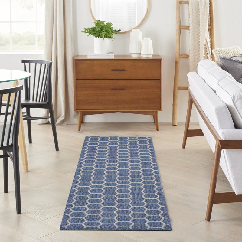 Canete Geometric Reversible Indoor/Outdoor Area Rug in Blue, Runner 2'2" x 8'