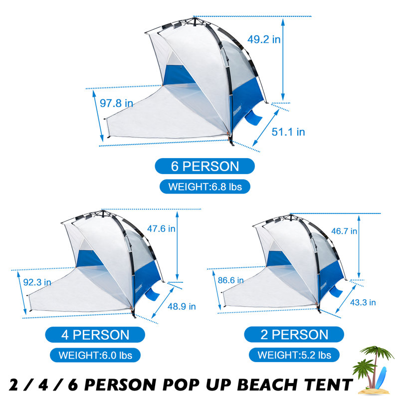 Tente de plage automatique Premium Premium avec protection solaire Upf 50+, Six personnes, Bleu