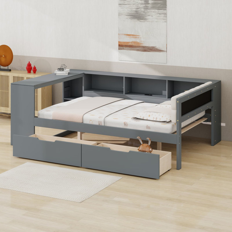Lit plateforme avec tablettes de rangement et tiroirs, Lit double, Gris