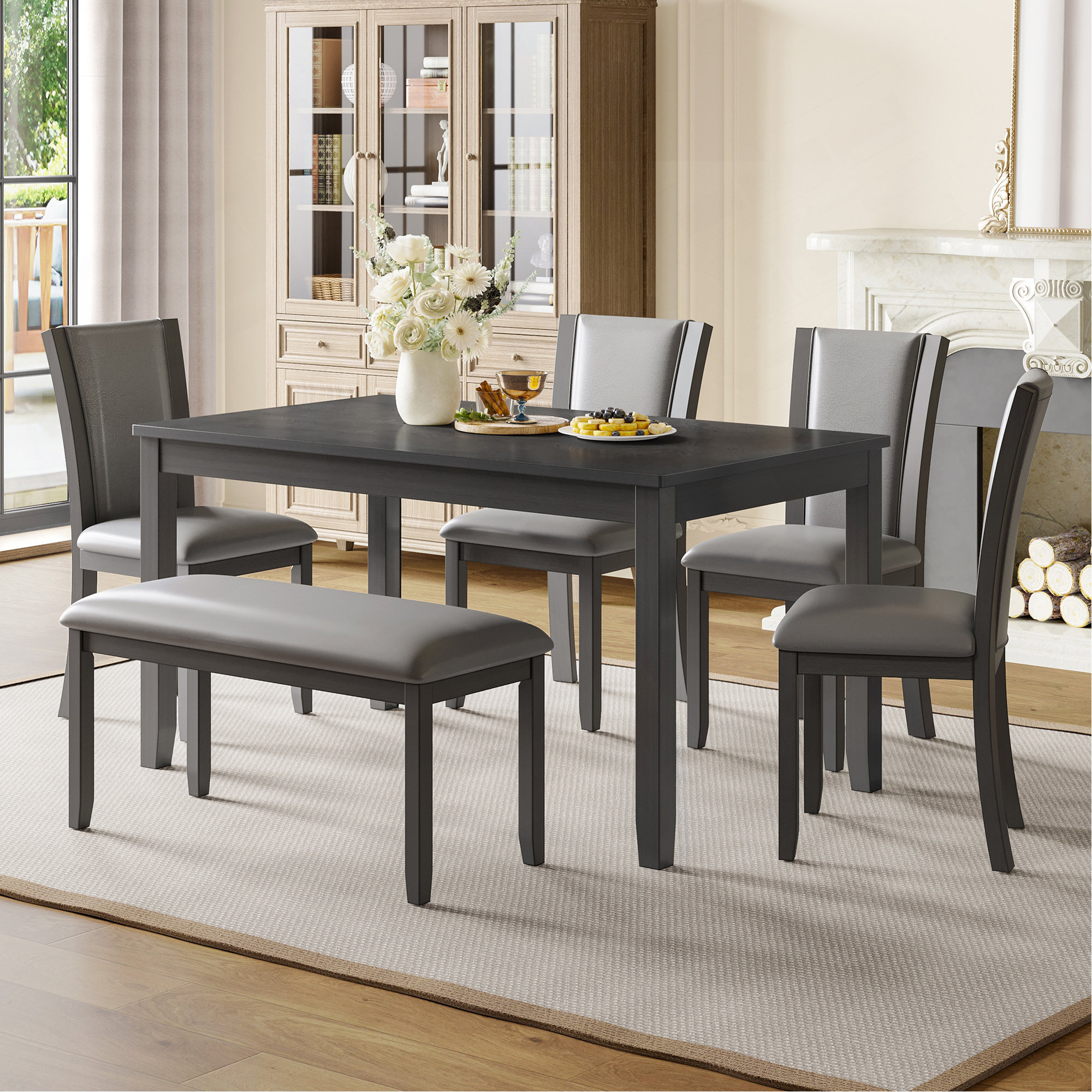 Latitude Run® 6-Piece Dining Table Set With Bench And Chairs, Wooden Dining Table Set For 6 ...